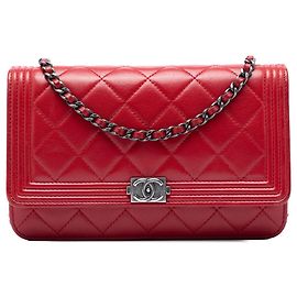 Red Chanel Quilted Lambskin Boy Wallet On Chain Crossbody Bag