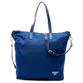 Borsa Tote Convertible con Zip Blu Prada Tessuto
