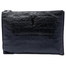 Clutch porta documenti in pelle con stampa coccodrillo nera e monogramma Saint Laurent