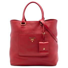 Borsa Tote Convertibile con Tasca Anteriore in Vitello Daino Rosso Prada