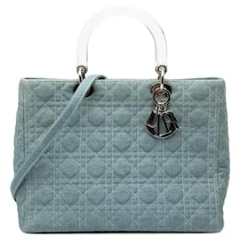 Borsa Lady Dior in denim blu grande con manici in acrilico cannage