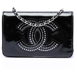 Borsa a tracolla con catena e portafoglio Chanel CC in vernice nera decorata con strass