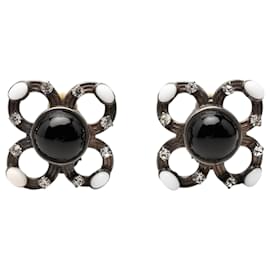 Orecchini clip Chanel in ottone argentato con cabochon in smalto e strass