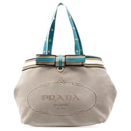 Tote in tela Canapa Prada blu con logo