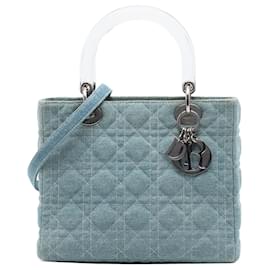 Lady Dior Satchel aus blauem Denim, Größe Medium, mit Cannage-Acrylgriffen