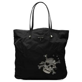 Tote in Tessuto nero con motivo Skull Prada