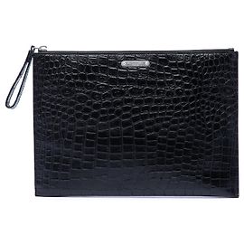 Schwarze Saint Laurent Clutch aus Leder mit Krokoprägung