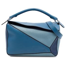 Borsa Satchel Puzzle in pelle di vitello tricolore blu LOEWE Medium - Loewe
