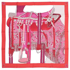 Carré 90 Hermès "SELLE DE DIGNITAIRE" Pañuelo de seda Rosa