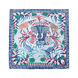 Carré 90 Hermès "LA MARCHE Du ZAMBEZE" in seta blu