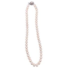 Akoya White Round Pearls 6.9 mm Silver Floral Clasp Necklace cm 43 - Autre Marque