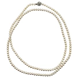 Freshwater White Pearls 7mm Flower Silver Clasp Long Necklace cm 135 - Autre Marque