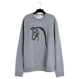 Felpa Hermès in cotone grigio con testa di cavallo in pelle nera