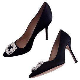 Manolo Blahnik Hangisi Décolleté Raso Nero Fibbia Cristalli