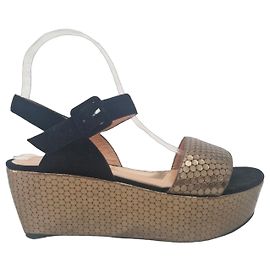 Robert Clergerie Black and Gold Platform Wedge Sandals