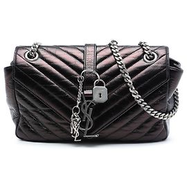 Bolsa Punk Chain Saint Laurent em couro de bezerro metalizado amassado preto com chevron tamanho Medium