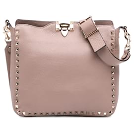 Borsa a tracolla Valentino Rockstud con chiusura, piccola, in pelle di vitello grana grossa marrone