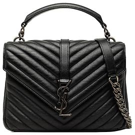Bolsa Satchel College Saint Laurent em pele de carneiro chevron preta tamanho Medium