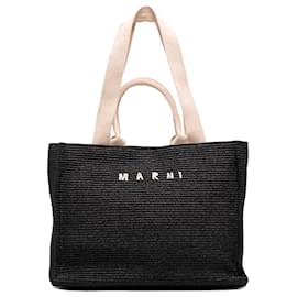 Marni North West Shopping Tote aus Nylon in Raffia-Optik, Schwarz, mit besticktem Logo