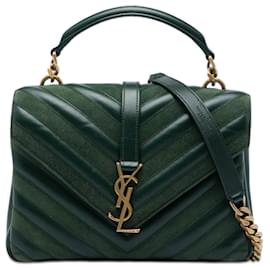 Borsa Satchel College Saint Laurent Verde Medium in pelle di vitello chevron e camoscio con monogramma