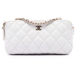 Clutch Chanel White CC Quilted Caviar Double Zip con catena