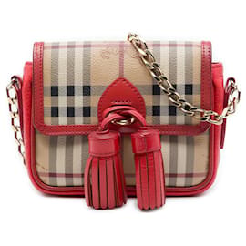 Borsa a tracolla Burberry Beige Mini Haymarket Check in tela rivestita con nappina