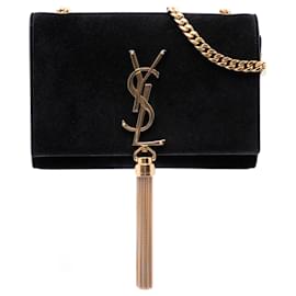 Saint Laurent Black Small Velvet Monogram Kate Tassel Crossbody