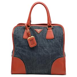 Bolso Tote convertible abierto de denim con ribetes de Saffiano azul Prada
