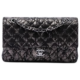 Chanel Black Medium Classic Metallic Goatskin and Lace Double Flap