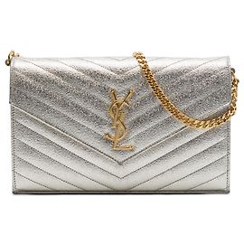 Portefeuille à chaîne Saint Laurent Gold Metallic Grain De Poudre Matelasse Chevron Monogram