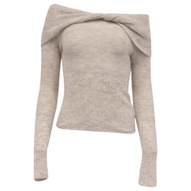 Reformation Florie Off-Shoulder Strickpullover mit Twist aus beiger Alpakawolle