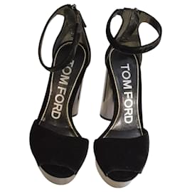 Tom Ford Plateau-Sandaletten aus schwarzem Samt und Gunmetal-Metall EU 37
