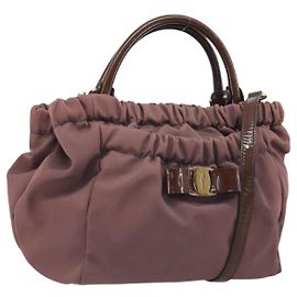 Salvatore Ferragamo Vala Handtasche Nylon 2way Braun Goldfarben Auth BA14653