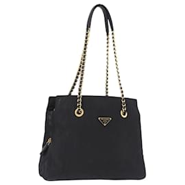 Borsa a Tracolla con Catena PRADA Nylon Nero Tono Oro Auth 194116