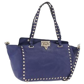 Borsa Tote VALENTINO Studs in pelle 2way Blu Tono Oro Auth BA14688