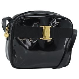 Borsa a Tracolla Salvatore Ferragamo Vala Vernice Nera Tono Oro Auth BA14727