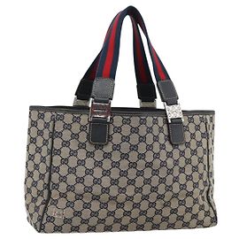 Borsa Tote GUCCI GG Canvas Sherry Line Navy Silver 145758 Auth 194942A