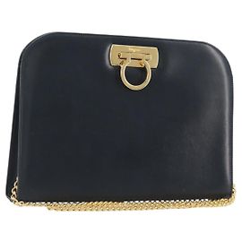 Borsa a tracolla Salvatore Ferragamo Gancini Chain in pelle Navy Gold Auth ka5564