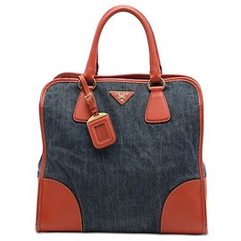 Borsa tote convertible aperta in denim con rifiniture Saffiano Prada marrone