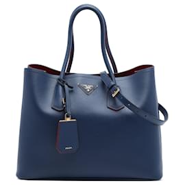 Borsa Satchel Doppia Prada Large in Pelle Saffiano Blu