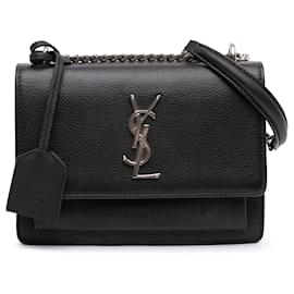 Borsa a tracolla Sunset Small in pelle di vitello martellata nera con monogramma Saint Laurent