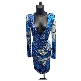 Mini abito ruched stampato blu "Ming Vase" Roberto Cavalli 2005 – Made in Italy