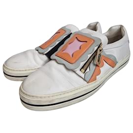 Roger Vivier Sneakers Slip-On in Pelle Bianca Appliqué Multicolore