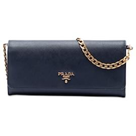 Portafoglio con catena Prada Blue Saffiano Lux