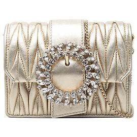 Borsa a tracolla Miu Miu Mini Matelassé in Nappa Metallizzata Oro con Cristalli