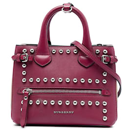 Borsa Satchel Banner Burberry in pelle borchiata viola e House Check per neonati