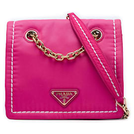 Prada Borsa a Tracolla con Patta e Catena in Tessuto Rosa Small