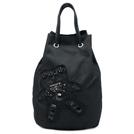 Borsa a secchiello da sera Prada in Tessuto nero con perline, motivo orso e coulisse