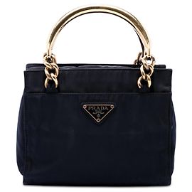 Borsa Prada in Tessuto blu con manico in metallo