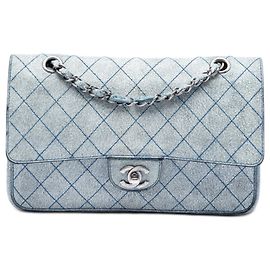 Chanel Blue Medium Classic Crackled Calfskin Wild Stitch Double Flap